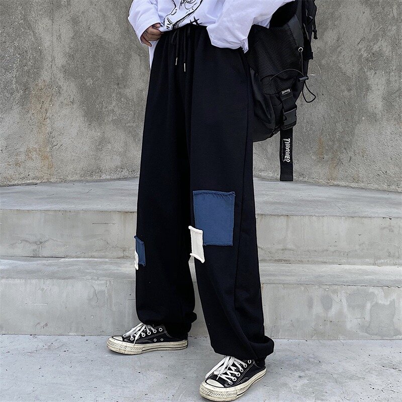 Брюки женские свободные в стиле пэчворк, повседневные уличные штаны-султанки в стиле хип-хоп, на шнуровке, полной длины, с завышенной талией, в Корейском стиле