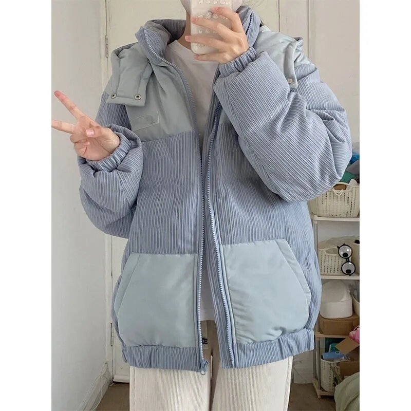 2023 New Fashion Leisure Vintage Corduroy Spliced Hooded Cotton Design Feel Thickened Warm Cotton Coat Both genders acceptable