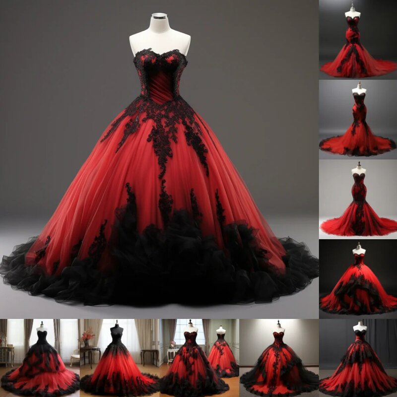 New Red and Black Lace Edge Applique Strapless Ball Gown Mermaid Full Length Evening Dress Formal Occasion Elagant Clohing W3-2