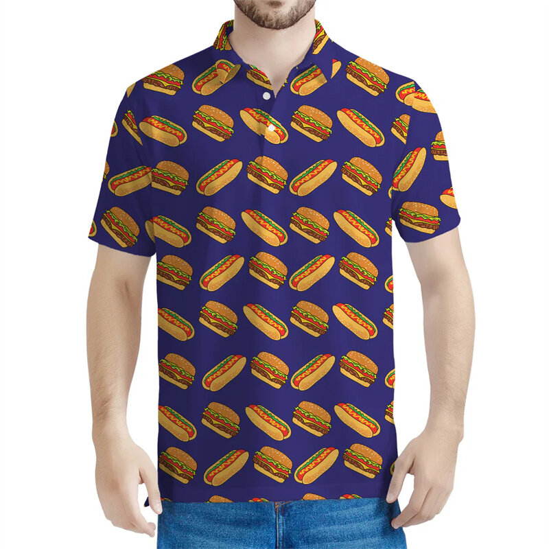 Urocza koszulka polo z grafiką hamburgerów dla mężczyzn Dzieci z nadrukiem 3D Cartoon Food Tees Casual Streetwear T-Shirt Lapel Short Sleeves