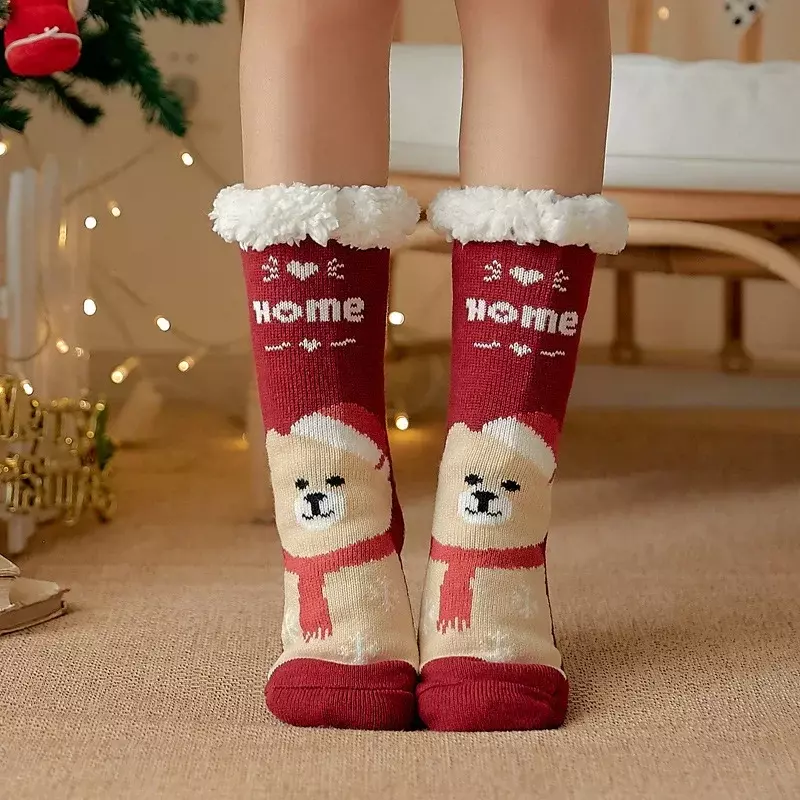 Women Winter Warm Socks Penguin Plush Soft Female Non Grip Floor Slippers Short Sock Fuzzy Fluffy Deer Elk Bear Christmas Gift