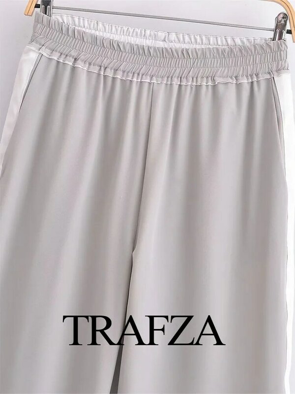 TRAFZA Summer Fashion Women Elastic Waist Pockets High Waist Long Pants Female Casuale Solid Slim Streetwear Style Flare Pant