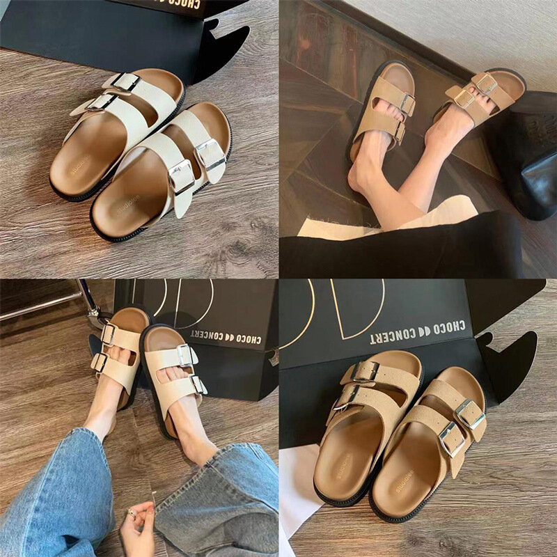 Genuine leather Boken slippers for women's sandals  thick soled double button strap bottom soft stepping feeling slippers
