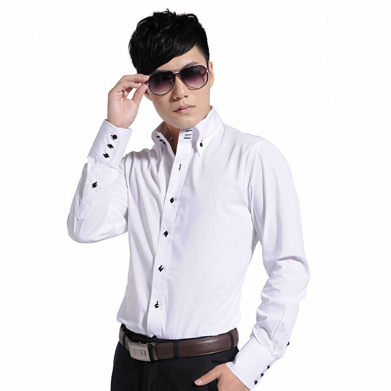 เสื้อลำลองผู้ชายแขนยาวเกาหลีแนวโน้มแฟชั่นปุ่มลงเสื้อ Collared เสื้อ Slim Fit Designer เสื้อ