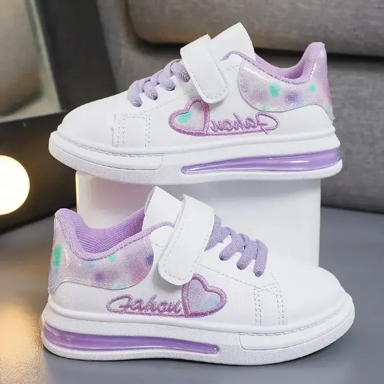 Children's Sneakers 2024 New Girls Love Embroidery Casual Shoes Fashion Leather Kids School Running Sports Shoes Soft Hook Loop