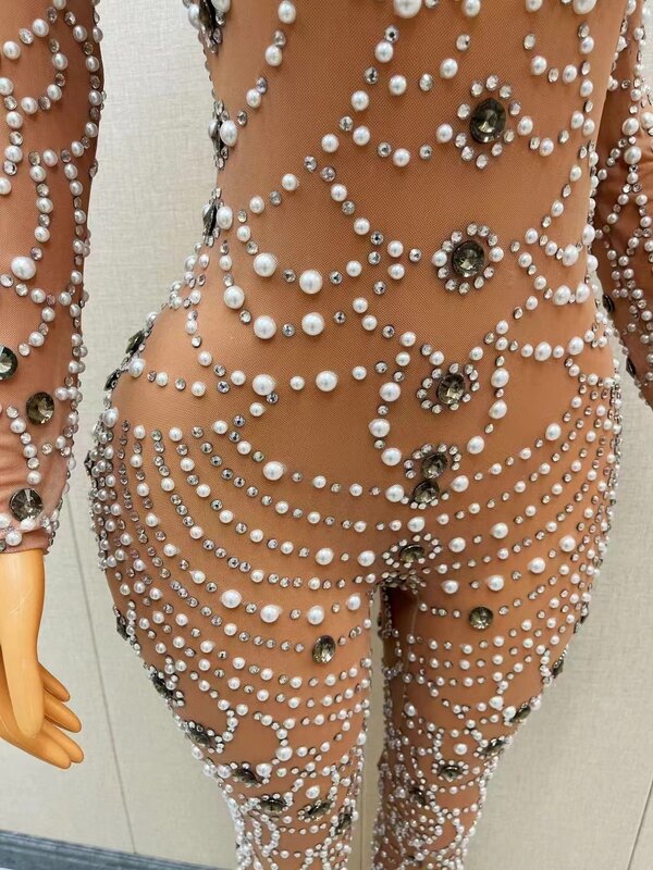 Sparkly Rhinestones Pearls Jumpsuit for Women Celebrate Party Birthday Outfit Sexy Dance Performance Costume Show Stage Wear