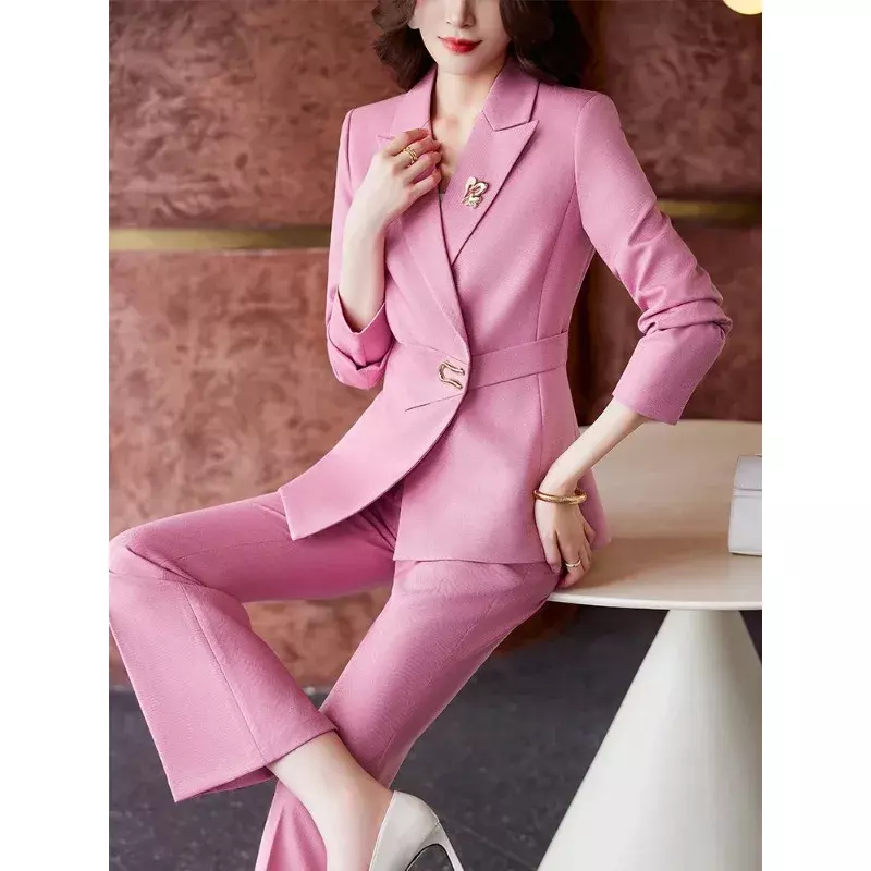Celana panjang wanita, setelan 2 potong pakaian kerja Bisnis perempuan ungu hitam putih Pink elegan