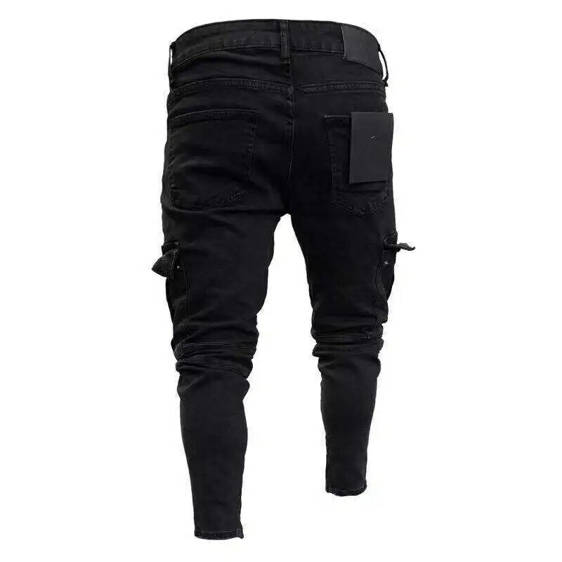 Calças jeans stretch pretas masculinas, bolsos laterais grandes, jeans de carga, zíper, pé pequeno, elástico, calças de corrida, streetwear, moda