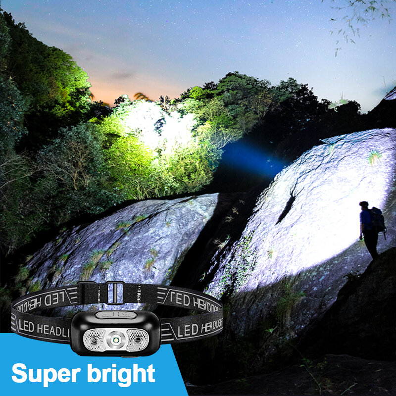 Farol de LED poderoso com sensor, luz forte, mini usb, recarregável, lanterna, portátil, camping, busca