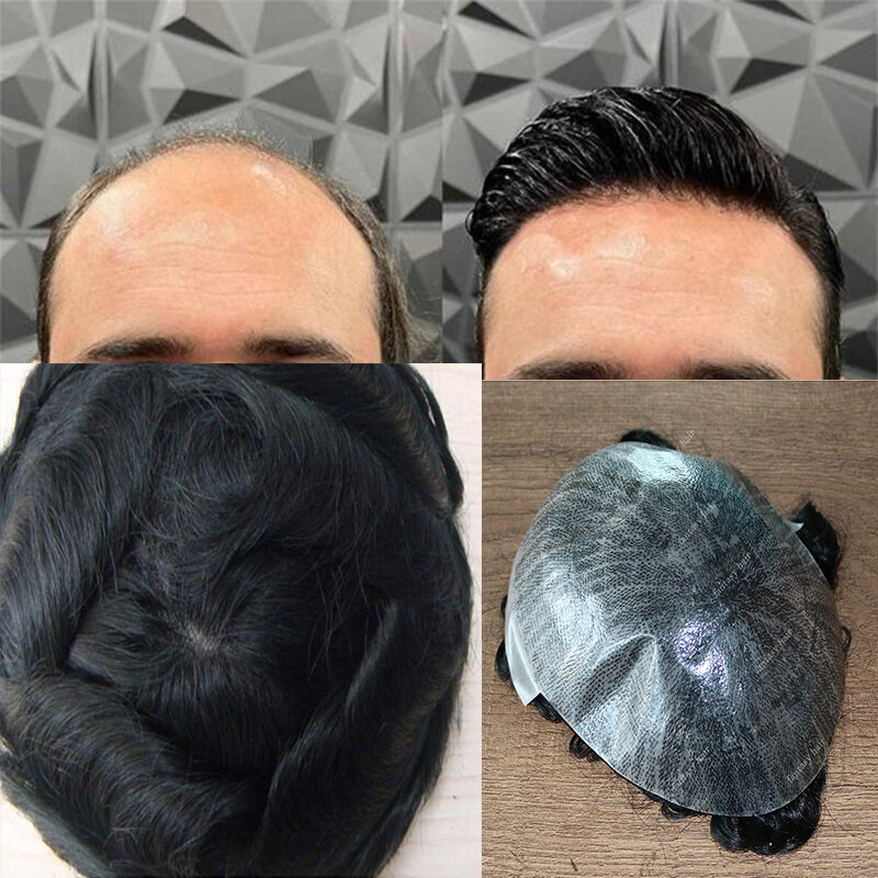 Jet Black100% Human Hair Replacement Durable Men Toupee Full Skin Pu 30mm Water Wave Capillary Prosthesis Pieces