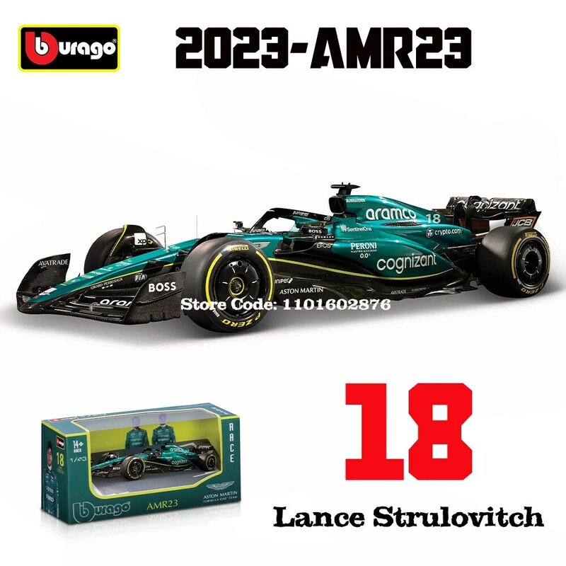 Bburago-Coche de aleación de Aston Martin Aramco F1 Team AMR23, escala 1:43, escala 2023, 14 y 18, juguete coleccionable