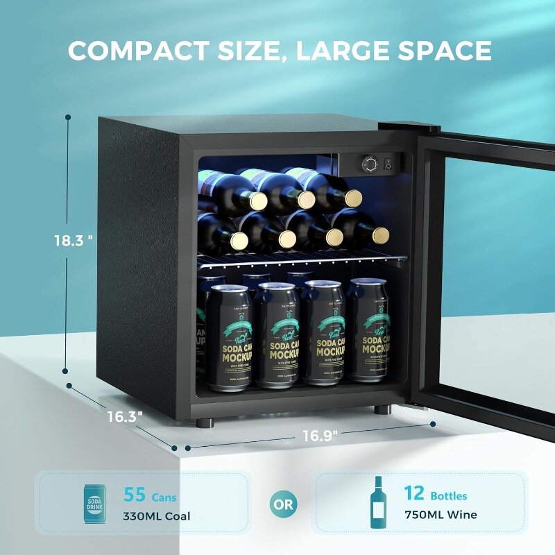 Refrigerador de bebidas de 55 latas, Mini nevera con puerta de vidrio para cerveza, bebidas, vinos, nevera independiente con ajustable
