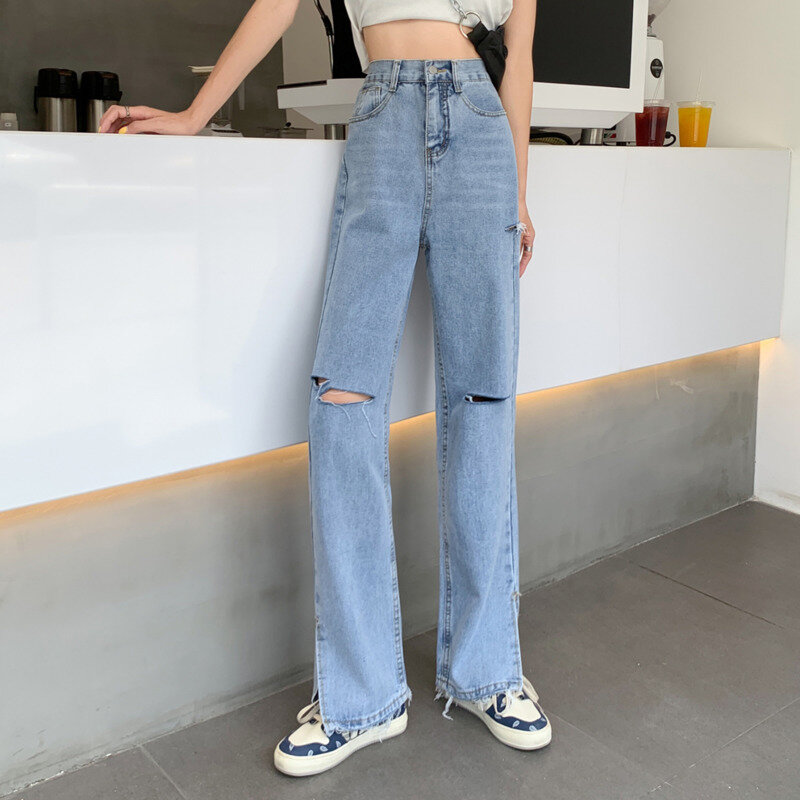 Jeans wanita pinggang tinggi, Jeans kaki lurus 2023, celana Vintage wanita Streetwear Denim