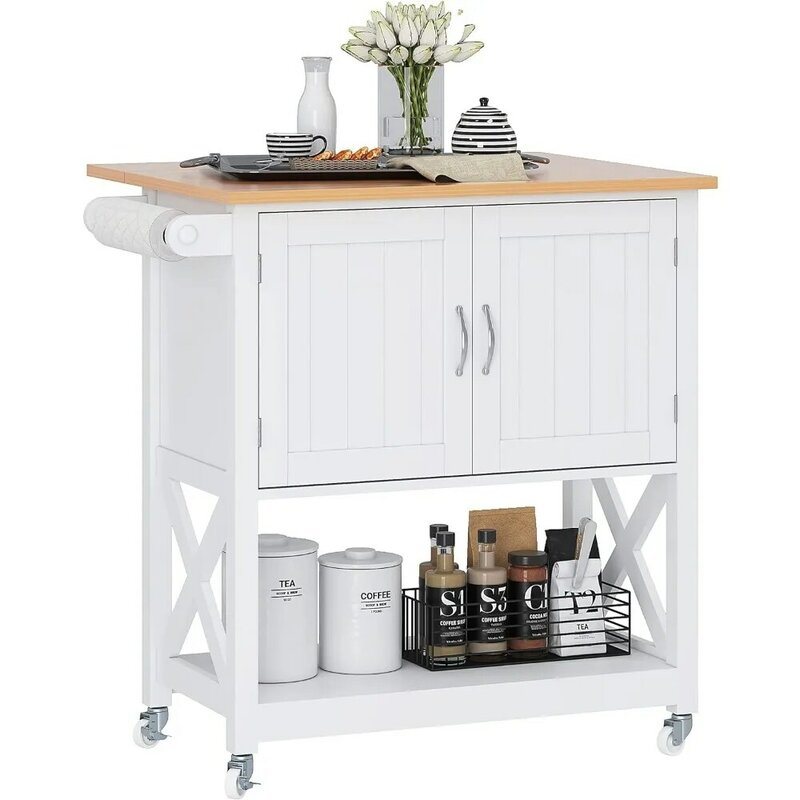 Small Kitchen Island With Drop Leaf and Towel Rack for Dining Room Trolley Home Kitchen Island on Wheels White Furniture Storage