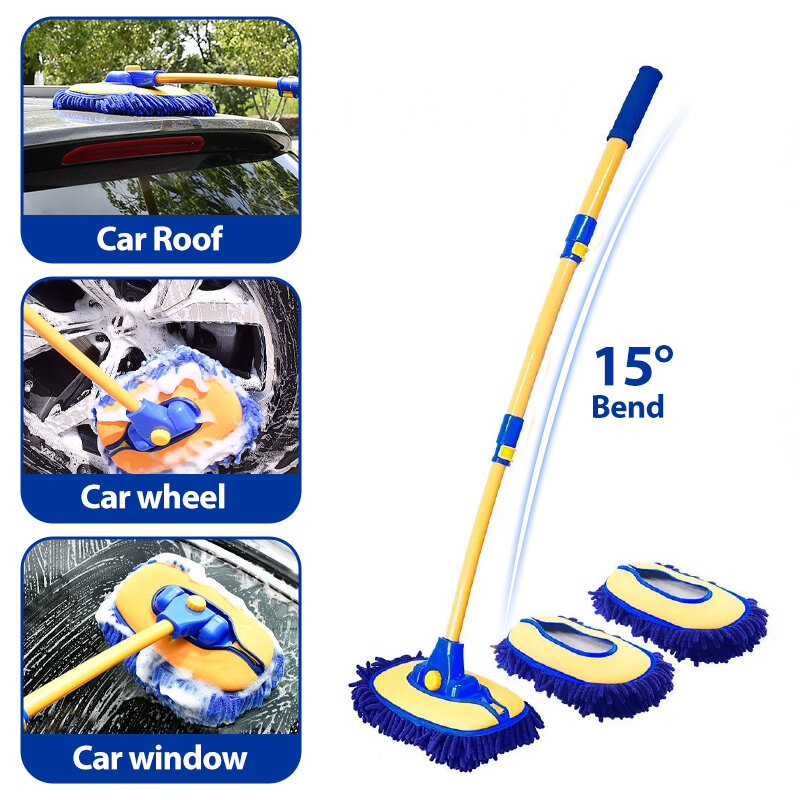Car Wash Brush Mop Adjustable Long Handle Cleaning Brush Wet and Dry Use for Car SUV Truck Chenille Broom Telescoping Brush mop