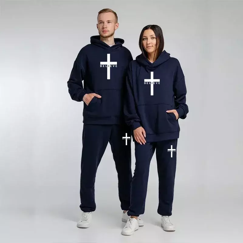 Men's Fashion Printed Believe Jesus Christianity Hooded Tracksuits Autumn Winter Hoodie + Pants 2-piece Pullover Athletic Sets