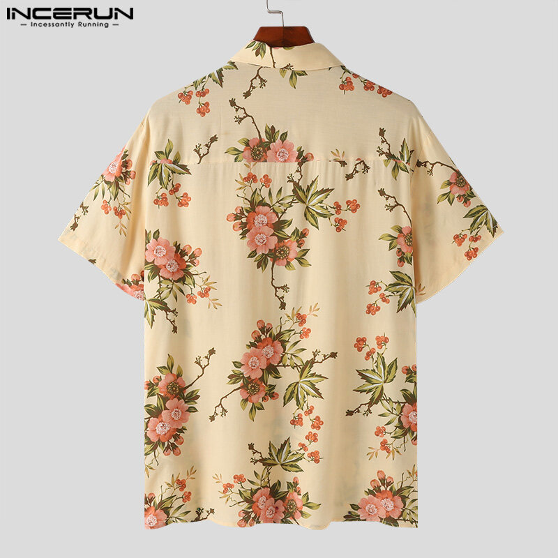 INCERUN-Camisa havaiana de manga curta masculina, estampada, lapela, roupas casuais, camisas de férias de verão, S-5XL, 2022