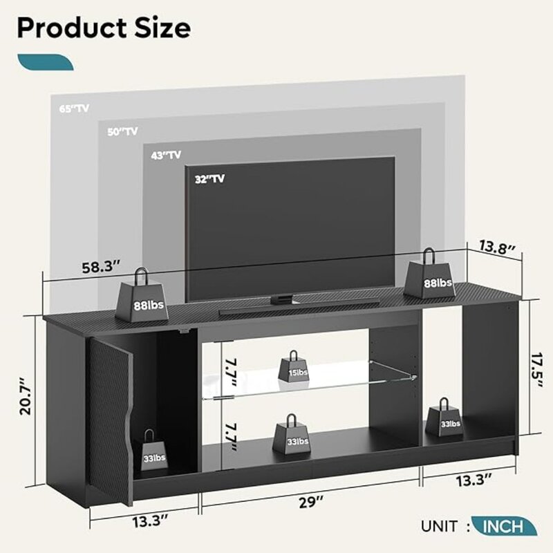 TV Stand with Cabinet for 60/65 Inch TV, Modern TV Console for Living Room Bedroom Easy Assembly Carbon Fiber