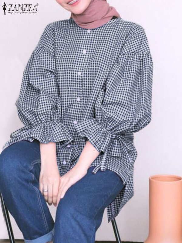 ZANZEA 여성용 보헤미안 격자 무늬 무슬림 블라우스, 체크 셔츠, 3/4 소매 프릴 상의, 캐주얼 카프탄 버튼 블라우스, 가을