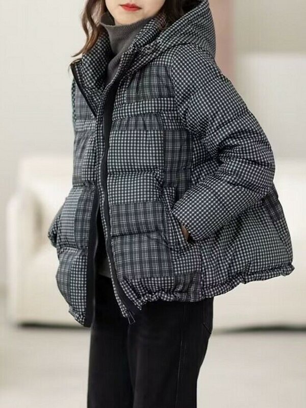 여성용 짧은 후드 체크 보드 다운 재킷, 루즈한 두꺼운 화이트 덕 다운 재킷, 유럽 스테이션 트렌드, 2023 신상