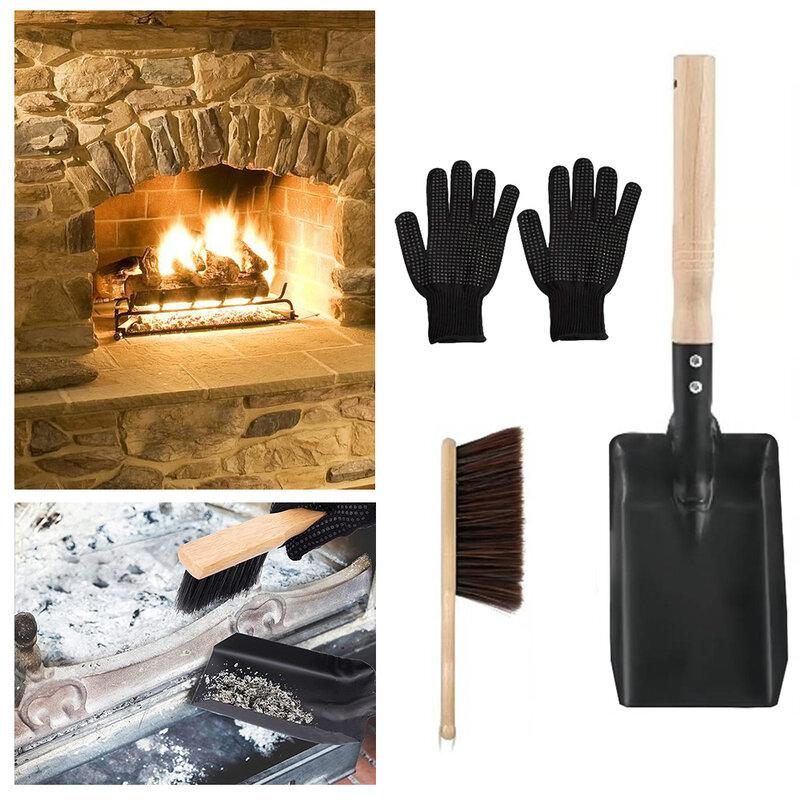 Juego de limpieza de chimenea para el hogar, Kit de herramientas de cepillo para estufa de cenizas, guantes de barbacoa, carbón, parrilla de cocina de Metal limpio, herramienta de cuchara para el hogar