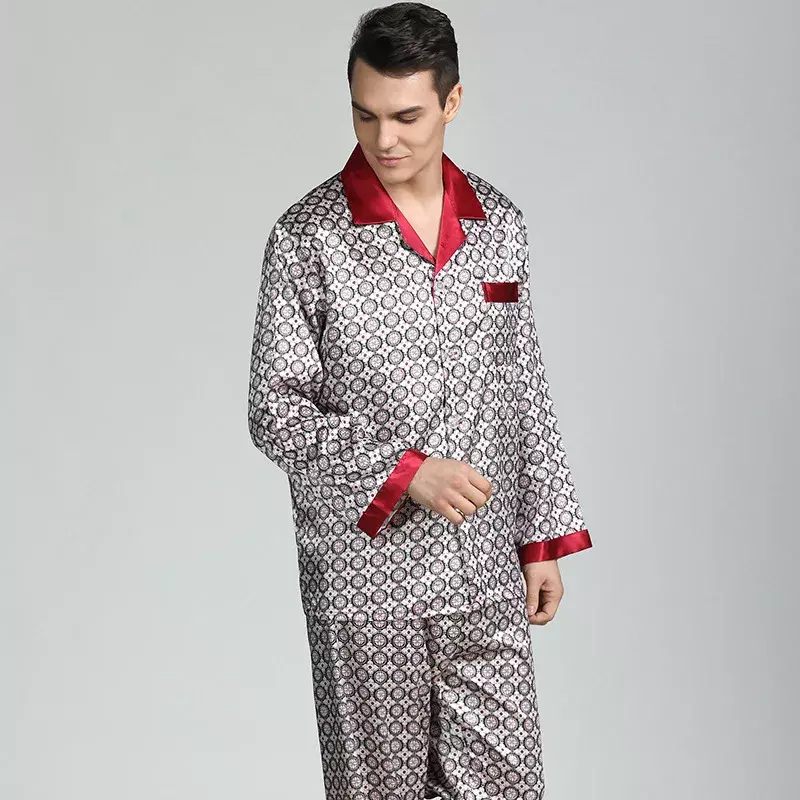 남성용 실크 잠옷 세트, 긴팔, 유럽 및 미국 스타일, 얇은 홈 서비스 잠옷, 여름 홈웨어