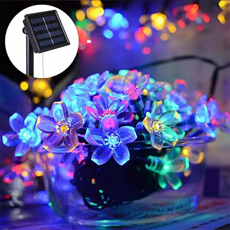Solar LED String Lights com flor de pêssego, decoração exterior impermeável, guirlanda Fariy Lights, Natal, festa de casamento, jardim, 5-12m