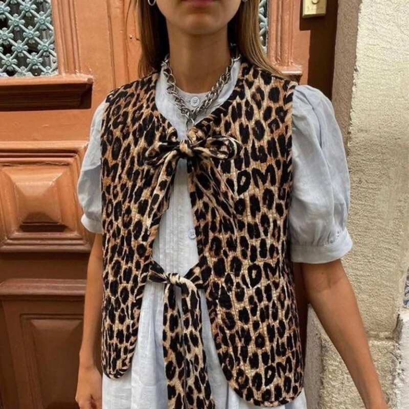 Deeptown Leopard Bow Women Vest Animal Print Coquette Y2k Fashion V-neck Lace Up 2024 Summer Tops Chic Sleeveless Female Outwear