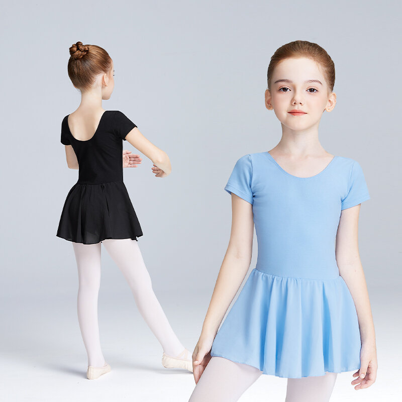 Girls Ballet Dress with Lining Toddlers Kids Leotard Dress Gymnastic Leotard With Skirt Short Sleeves Dance Dress Closed Crotch
