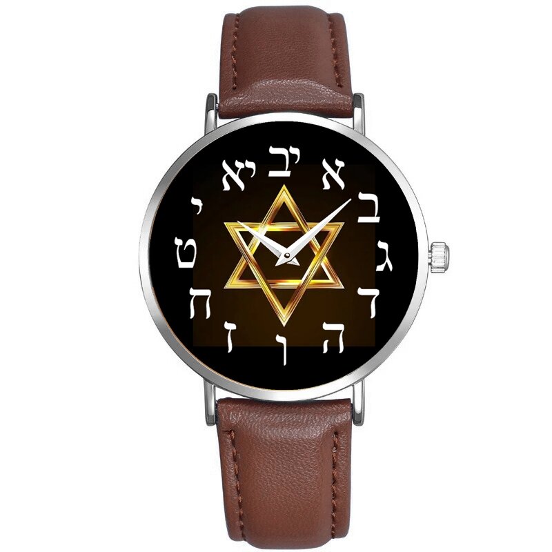 Новые мужские часы с золотистыми звездами Дэвида на кожаном ремешке цифровые часы на иврите