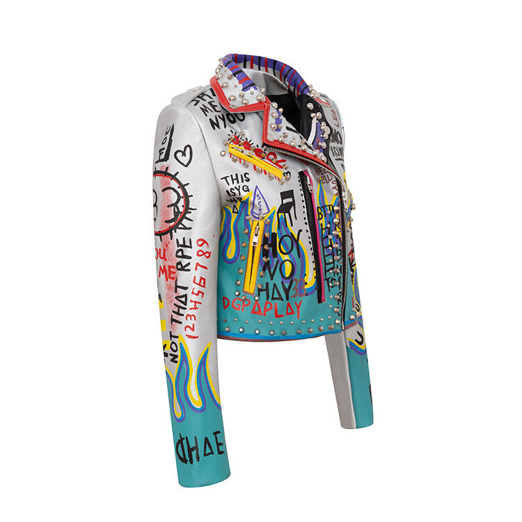 Chaqueta de cuero de ajuste Delgado plateado para mujer, ropa de motocicleta con contraste impreso, abrigo Punk Rock, alta calidad, 2024