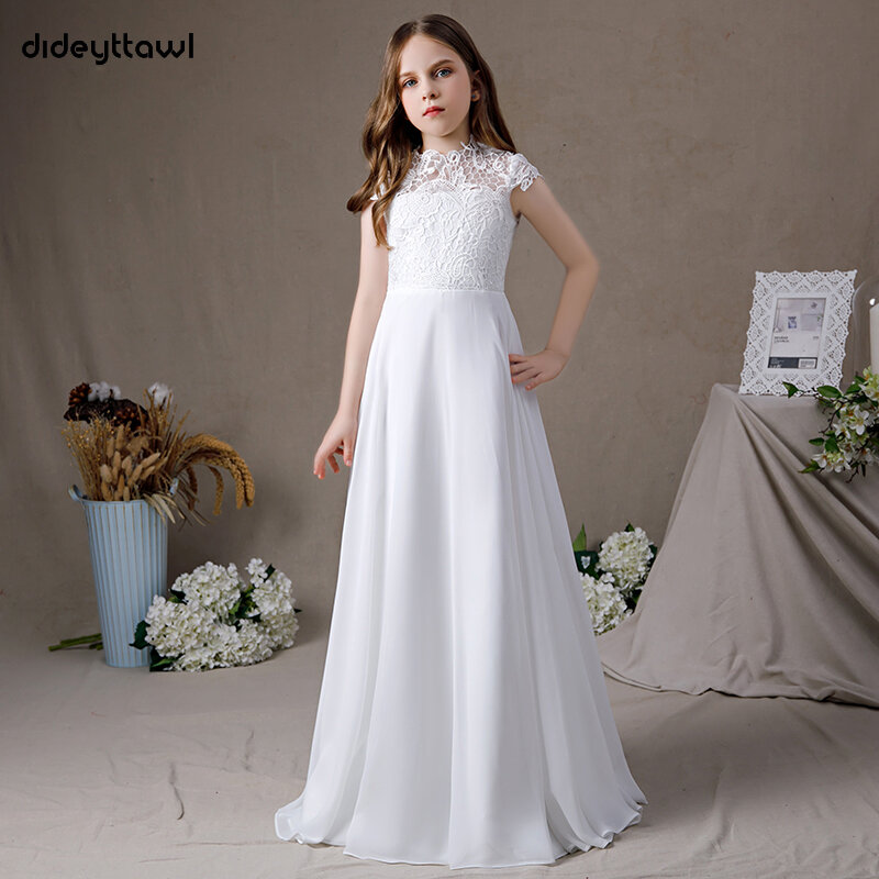 Шифоновое кружевное платье Dideyttawl для девочек, платье с рукавами-крылышками для первого причастия, ТРАПЕЦИЕВИДНОЕ ПЛАТЬЕ до пола, с высоким воротом, для подружки невесты