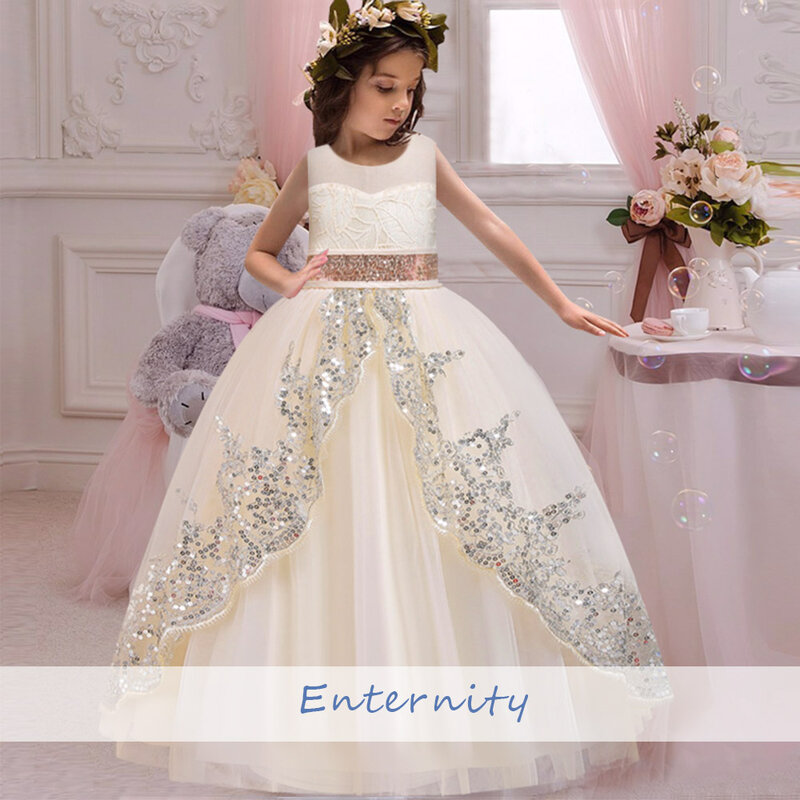 Prinzessin Ballkleid O-Ausschnitt Hochzeits feier Kleid offener Rücken Demure Perlen Pailletten Blumen mädchen Kleid ärmellose schöne Vestido Niña