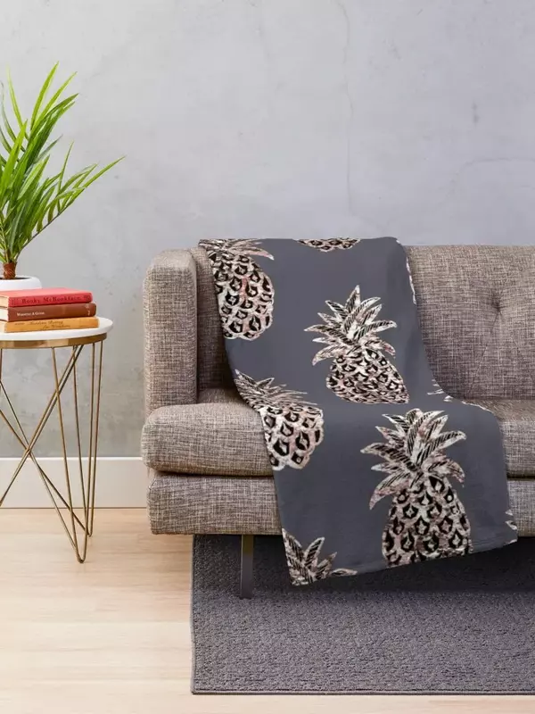 Rose Gold Sparkle Pineapple on gray Throw Blanket Decorative Sofas fluffy Warm Furrys Blankets