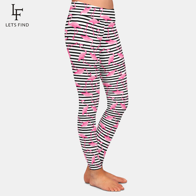 LETSFIND-mallas elásticas de cintura alta para mujer, leggings con estampado Digital de seda de leche, flamencos y hojas 3D de alta calidad para Fitness