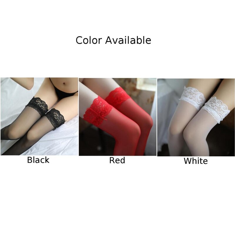 ถุงน่องลูกไม้ด้านบนเซ็กซี่สำหรับผู้หญิงแถบยางยืดหรือซิลิโคนเนื้อบางสีขาว/แดง/ดำขนาด62 100ซม. ผ้าไนลอน