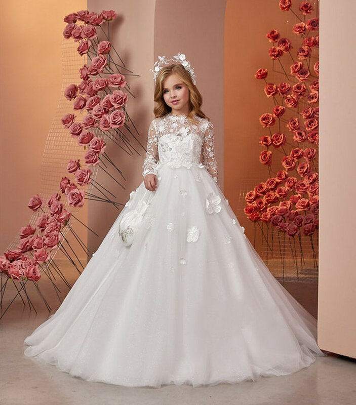 Biała tiulowa luksusowa dziewczęca sukienka w kwiaty na wesele bufiasta koronka z pełnym rękawem długość podłogi urodzinowe suknie pierwszej komunii