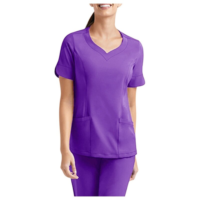 Uniforme de enfermería para mujer, Blusa de manga corta, cuello en V, trabajadores del cuidado de bolsillo, uniforme de trabajo de enfermera, Tops