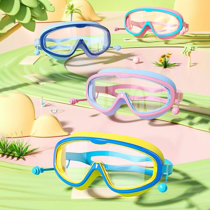 Kacamata renang anak Anti kabut, dengan sumbat telinga bingkai besar kacamata renang tampilan lebar sangat ringan untuk berenang