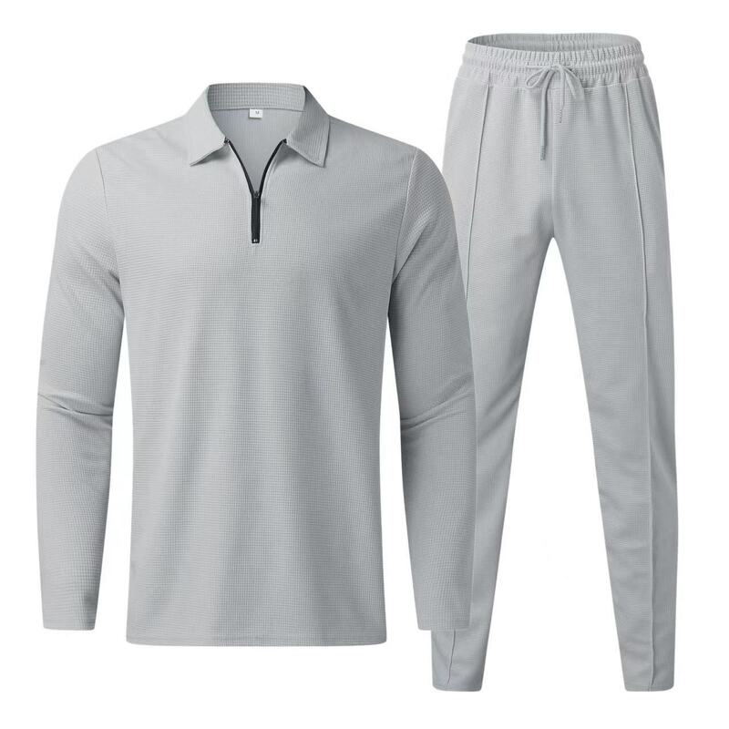 Conjunto de camisa polo e calça manga comprida masculina, terno de rua, cor pura, tendência da moda, outono, inverno
