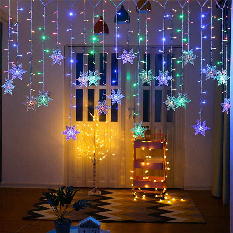 Boże narodzenie śnieżynka girlanda żarówkowa LED światła migające światła kurtyna świetlna wodoodporna przyjęcie świąteczne dekoracje świąteczne bajkowe oświetlenie