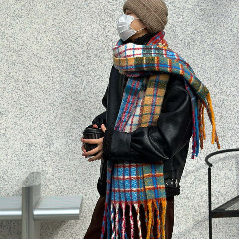 Винтажный цветной клетчатый кашемировый шарф с кисточками, утолщенный теплый зимний Повседневный корейский шарф, шаль из пашмины мохеровый шарф для женщин и мужчин