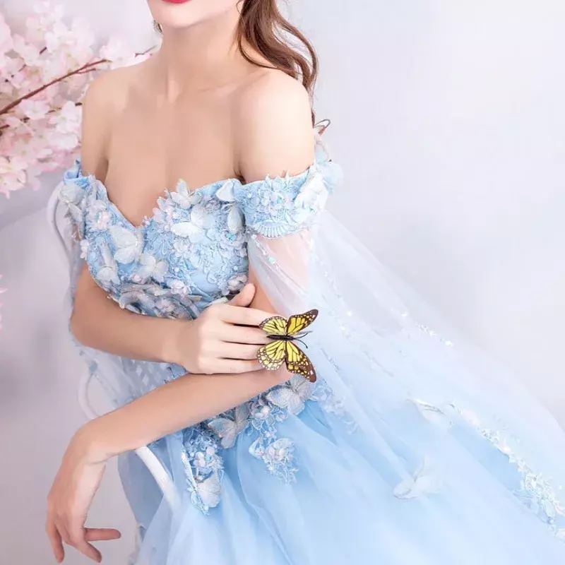 Vestido de festa azul fora do ombro feminino, Vestidos formais de noite nupcial, Banquete elegante e elegante, Casamento, Fada