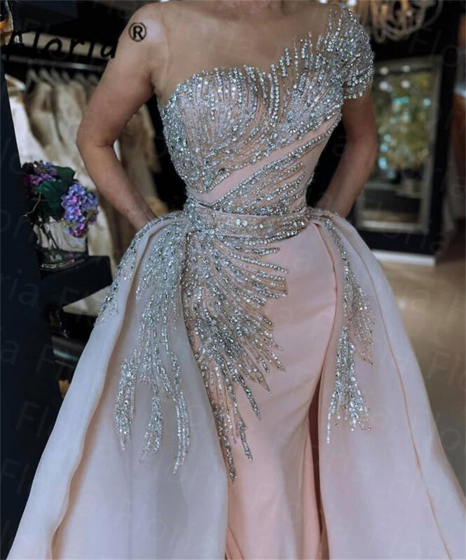 Mode Prinzessin rosa formelle Abendkleid handgemachte Perlen Hochzeits feier Kleid mit abnehmbaren Rock maßge schneiderte Plus Size