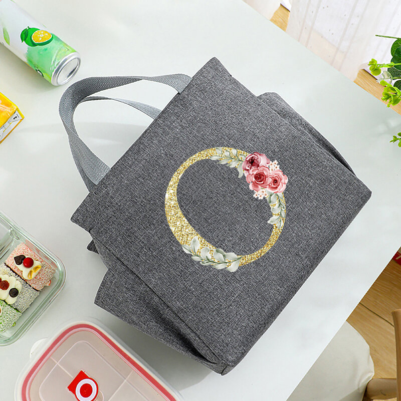 Golden letter Printed Insulated Lunch Bag with Internal Waterproof Cold Insulation Ice Pack Large Capacity Commuting Storage Bag