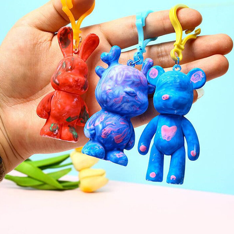 Chaveiro de coelho de orelhas compridas DIY, artesanato artesanal, pintura colorida Little Dragon Man, conjunto de tintas, brinquedos educativos, presente para crianças