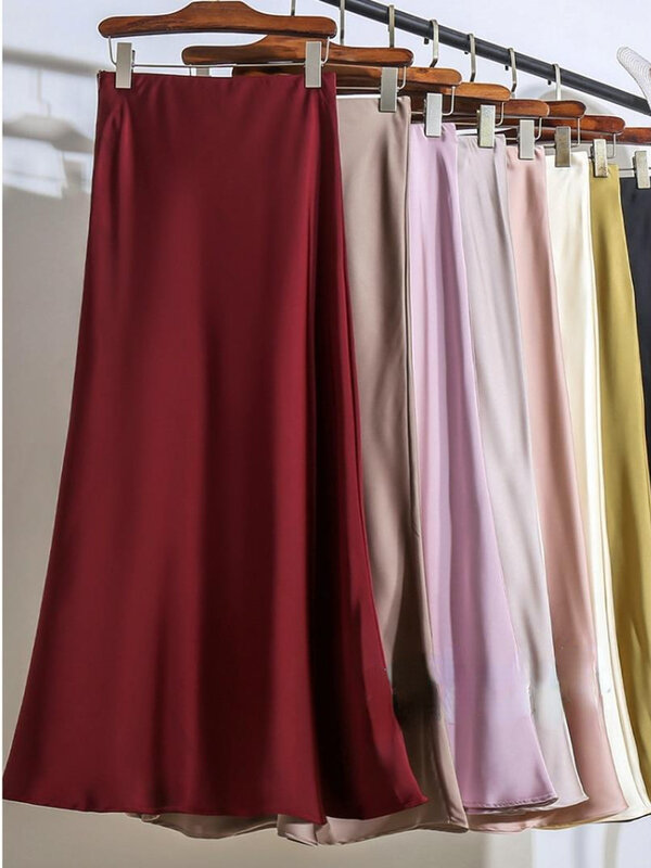 Damska elastyczna talia długa satynowa spódnica Midi elegancka wysoka talia długa spódnica na lato szampana fioletowa jedwabna spódnica w kształcie linii dla kobiet