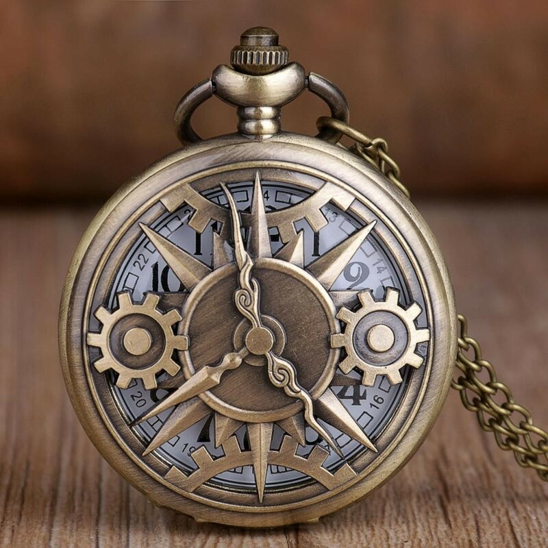 Jam tangan saku pria, steampunk vintage gear hollow kuarsa kalung hadiah rantai saku jam tangan pria laki-laki