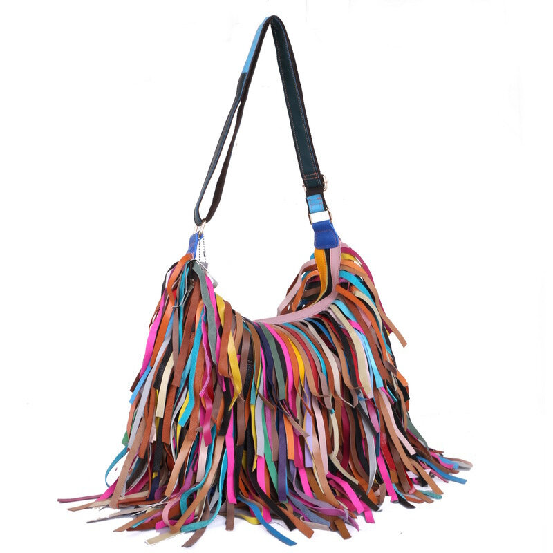 Colorful Tassel Handbag Woman 2024 New High Quality Sheepskin Patchwork Tote Bag Large Capacity Casual Fashion Chic Shoulder Bag