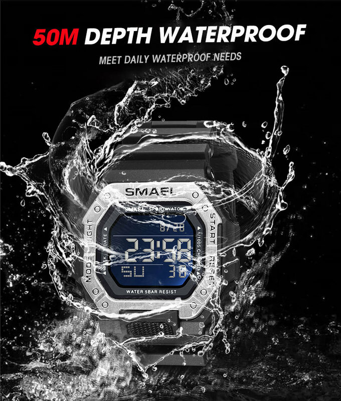 Relojes digitales para hombre, pulsera táctica de buceo, estilo G, resistente al agua, electrónico, Led, militar, alarma, cronómetro, negro, 50M